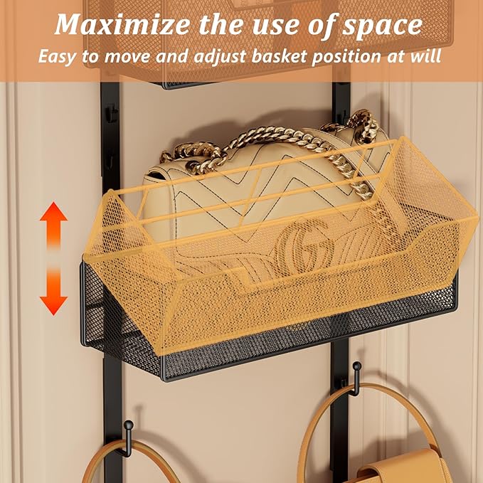 Over The Door Purse Organizer,Purse Storage Rack with 12 Hooks and 2 Adjustable Metal Basket,for Door,Hanging Handbag Storage Organizer Holds up to 12 Bags,for Closet,Black