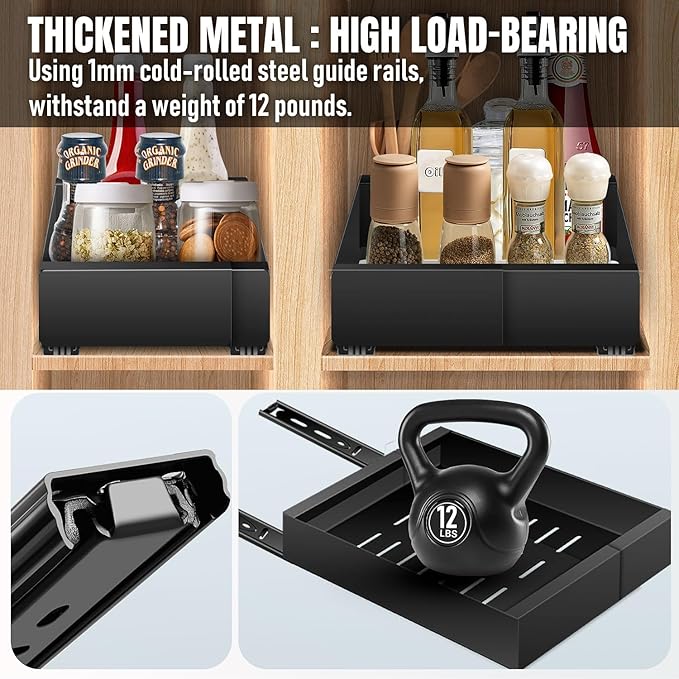 Pull Out Spice Rack Organization for Cabinet, Slide Out Expandable Spice Organizer, Adjustable Spice Cabinet Organizers, Cabinet Size Need: 2.4" Highx10.6" Deepx(6" to 8.2")Wide, Hold 20 Spice Jar