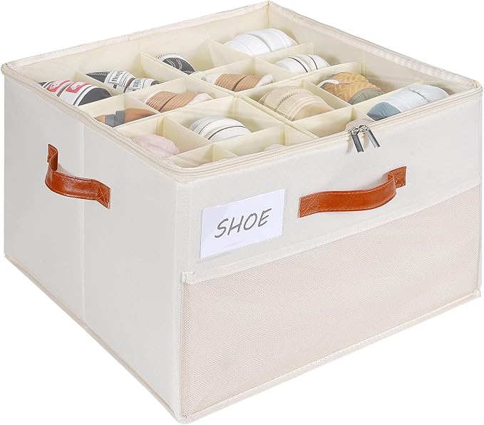 HOMICKER Shoe Organizer for Closet, Shoe Storage Box, Foldable Shoe Box with Adjustable Dividers and Clear Cover, Closet Shoe Organizer Fits up to 16 Pairs, 1-Pack, Extra Storage Pocket for Socks