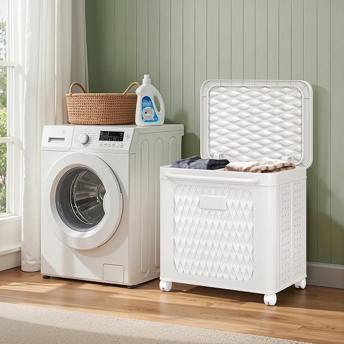 VECELO Rolling Laundry Hamper with Wheels and Lid, Foldable Plastic Laundry Basket with Handle, Rolling Divided Laundry Cart for Small Spaces, Laundry, Bathroom, Bedroom, White
