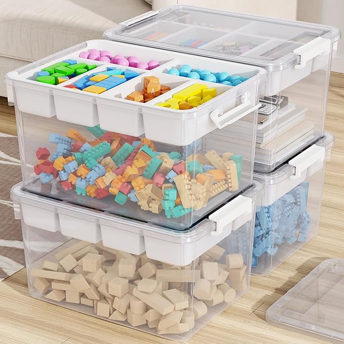 HOMETUK 160Qt Large Stackable Storage Bins with Lids & Trays, Clear Plastic Latching Boxes Organizers with Dividers Portable 40Gal Containers for Arts & Crafts, Home and Car Trunk Organization, 4Pack