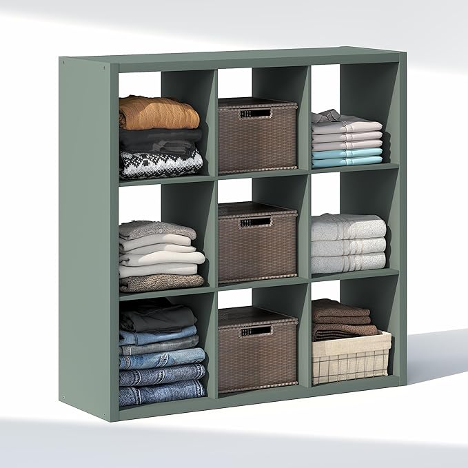 Furinno Cubic Closet Organizers and Storage, 9-Cube Closet Organizer, Open Shelf Closet Storage, Extra Thick Frame for Wardrobe, Bedroom, Living Room, Sage Green