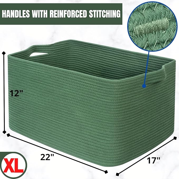 MINTWOOD Design 22in Extra Large Blanket Basket Holder Living Room, Rectangle Rope Woven Storage Basket with Handles for Laundry, Pool Towels, and Shoes, Dog Toy Organizer Bin Box, Forest Green