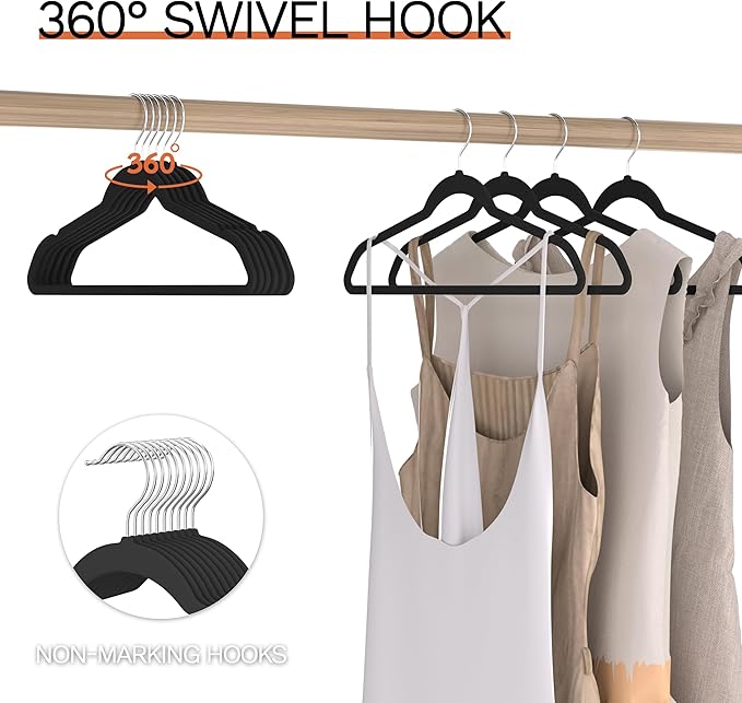 Black Velvet Hangers 20 Pack, Slim Space Saving Suit Hangers for Closet Organizer, Rotating Silver Hook, Non Slip Clothes Felt Hanger Heavy Duty for Coat,Shirt, Pants, Camisole, Dress