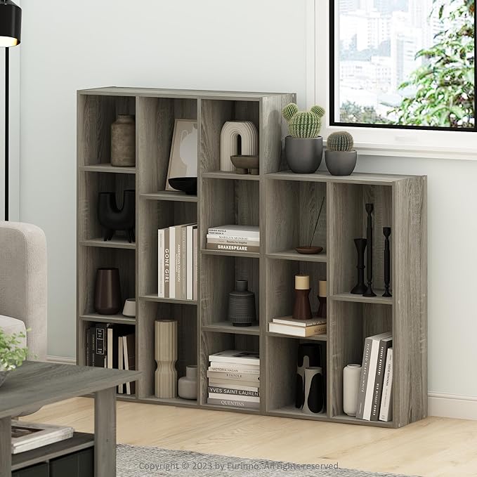 Furinno LUDER Book Shelf, 11-Cube Bookshelf, Reversible Bookcase, 9.4 x 29.1 x 41.7, for Living Room, Bedroom, Home Office, French Oak | Furinno, Luder, 11-Cube, Reversible, Open Shelf, Bookcase