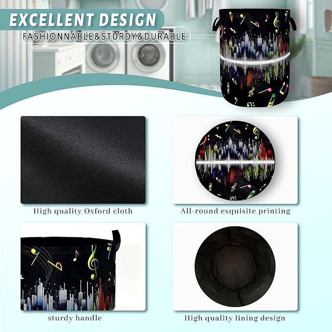 Colorful Music Notes Laundry Basket Music Laundry Hamper Foldable Oxford Cloth Funny Tote Bag Clothes Toy Storage Bucket For Bathroom/Laundry Storage/Bedroom 18.9 x 16.5 Inch