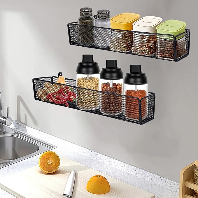 Spice Rack Organizer Wall Mount, 2Pack Spice Organization Storage Shelf,Hanging Storage Baskets Organizer Saving Space for Kitchen,Pantry Doors, Bathroom, Shower, Home Decor,Black