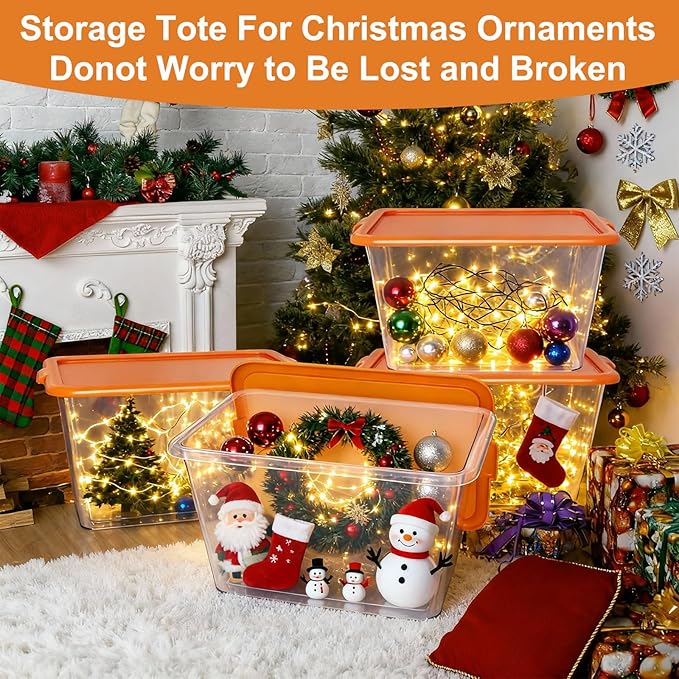 Storage Totes with Lids - Made in USA 14.5-Gallon (58-Quart) 4-Pack Orange Storage Bins with Lids Plastic Storage Containers Large Storage Boxes for Organizer Orange/Clear