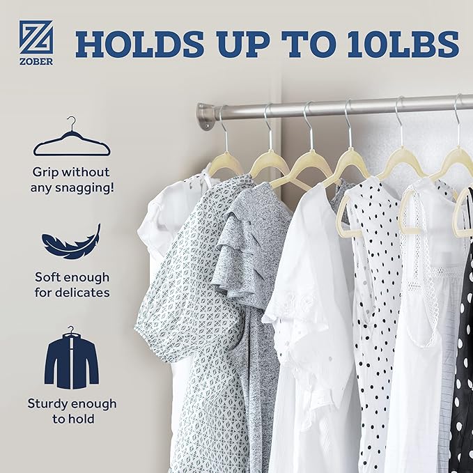 Zober Velvet Hangers 50 Pack - Ivory for Coats, Pants & Dress Clothes - Non Slip w/ 360 Degree Swivel, Holds up to 10 lbs - Strong Felt Hangers for Clothing