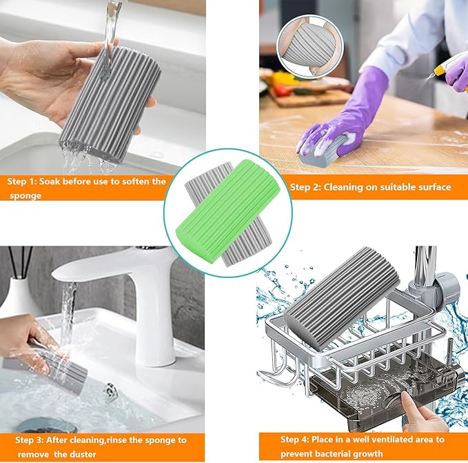 6-Pack Damp Clean Duster Sponge,Magic Sponge Eraser for Housekeeping,Reusable Cleaning Sponge for Blinds,Vents,Mirrors,Glass, Baseboards,Window Track Grooves and Railings (Green)