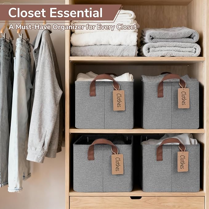 CHICVITA 4 Pack Storage Baskets for Shelves, Foldable Fabric Storage Bins with Metal Frame Handles, Closet Organizer Bins for Toys Blankets, 14.8" x 10.3" x 8.3", Gray