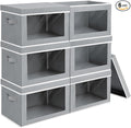 Large Storage Bins with Lids - Fabric Storage Cubes with Window, Collapsible Bins for Clothes, 15.7 Inch Large Baskets for Bedroom, Dorm, Office, Grey, 6 Pack
