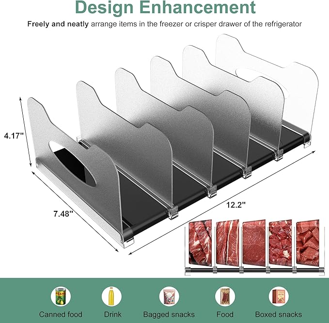 Freezer Organizer 12” Visible Fridge Organizer Rack with Removable Dividers and Handles, Freely Adjustable, Fits Refrigerator Frozen Meals, Lunch Meat Box, Cheeses (Black)