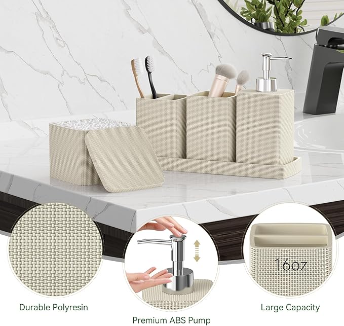 Beige Bathroom Accessories Set 5 Pieces, Resin Toothbrush Holders Set Complete with Soap Dispenser, Toothbrush Holder, Vanity Tray, Bathroom Tumbler and Qtip Holder for Small Spaces