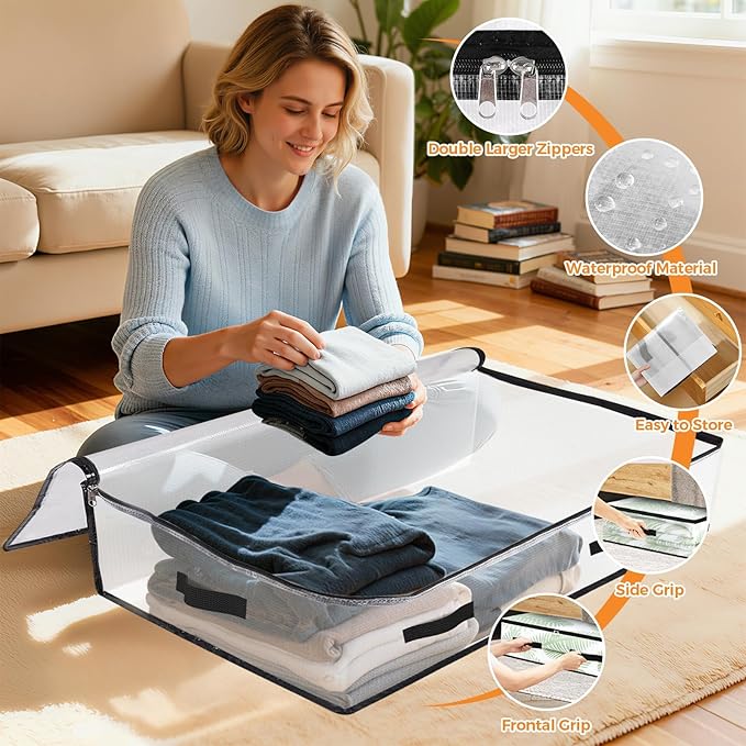 4 Pack Under Bed Storage Bags, 75L Foldable Clear Storage Containers with Handles, Dual Zippers for Comforter, Clothes, Bedding, Linen Sheets, Sweaters, Blanket Storage