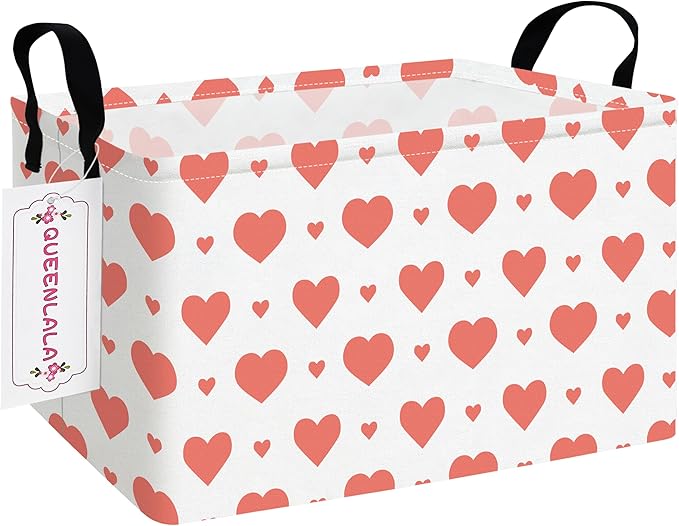 QUEENLALA Rectangular Laundry Hamper/Foldable Nursery Laundry Basket for Organizing/Storage Bin Baskets/Children Toy Office Bedroom/Toy Bin Closet Shelf Baskets（Rec-Pink Heart）
