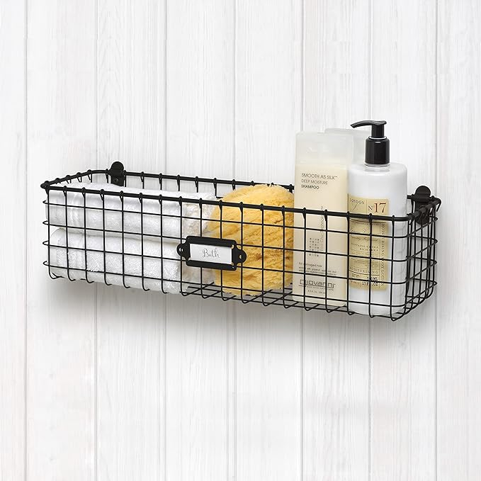 Spectrum Wall Mounted Wire Basket with Label Matte Black, Vintage Wire Basket Wall Mount Organizer for Kitchen Bathroom Laundry Pantry, Durable Steel Wall Mount Storage Basket