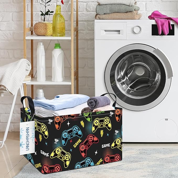LANGYASHAN Rectangular Storage Bin Collapse Canvas Fabric Cartoon Storage Basket with Handles for Organizing Home Kitchen Boys and Girls Toys Office Closet Shelf Baskets (Rec Game)