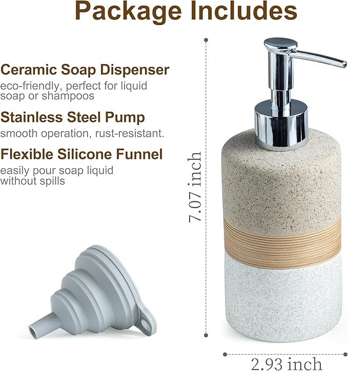 Ceramic Dish Soap Dispenser Set with Silicone Funnel, Hand Soap, Shampoo, Body Wash, Liquid Soap Dispenser for Kitchen and Bathroom, Stainless Steel Pump, Non Slip, 12 Oz