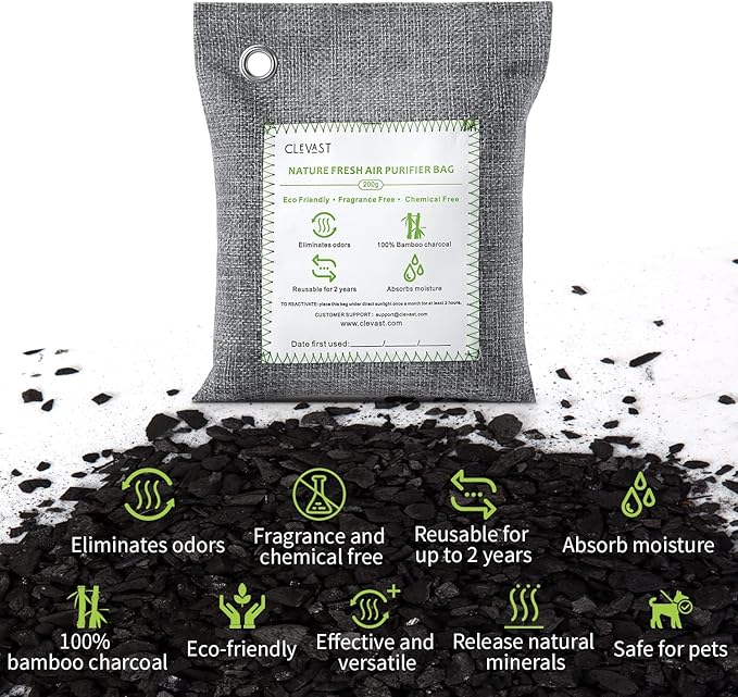 CLEVAST Bamboo Charcoal Air Purifying Bags - (Large, 4×200g), Removes Odors and Moisture, Nature Fresh Air Purifier Bags, Odor Eliminator for Home, Car, Pets, Bathroom, Basement