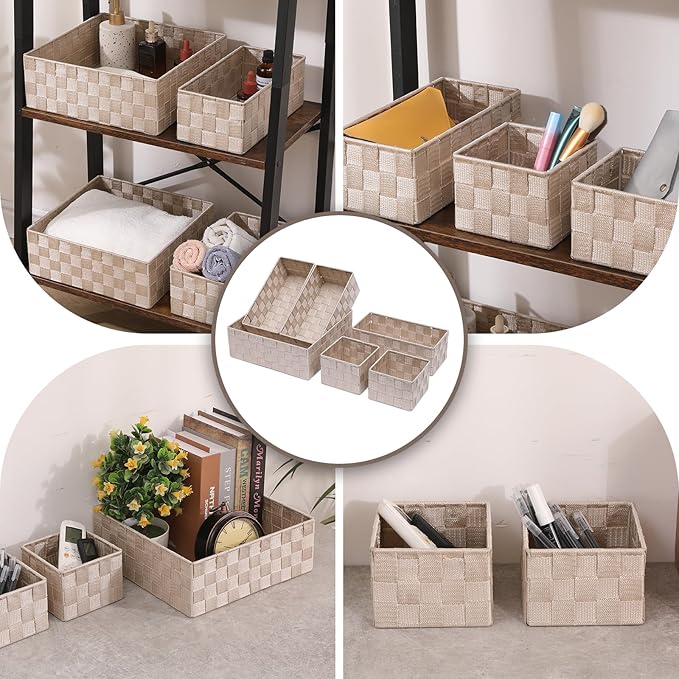 Storage Bins Woven Organizer Set of 7 – Polypropylene Storage Baskets with Metal Frame, Stackable Fabric Boxes for Drawers, Closet, Shelf, Nursery and Office, Beige