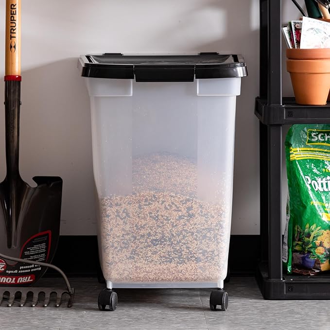IRIS USA WeatherPro Airtight Dog Food Storage Container, Up to 50 lbs, Removable Wheels, for Dog Cat Bird and other Pet Food Storage Bin, Keep Fresh, Translucent Body, Easy Mobility, Clear/Black