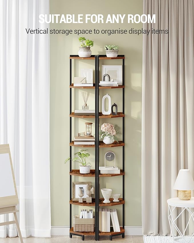 Corner Shelf Stand, Corner Bookshelf, Storage Standing Shelf Unit with Metal Frame, Plant Stand, Bookcase for Living Room, Home Office, Bedroom, 7-Tier Rustic Brown CS07001B