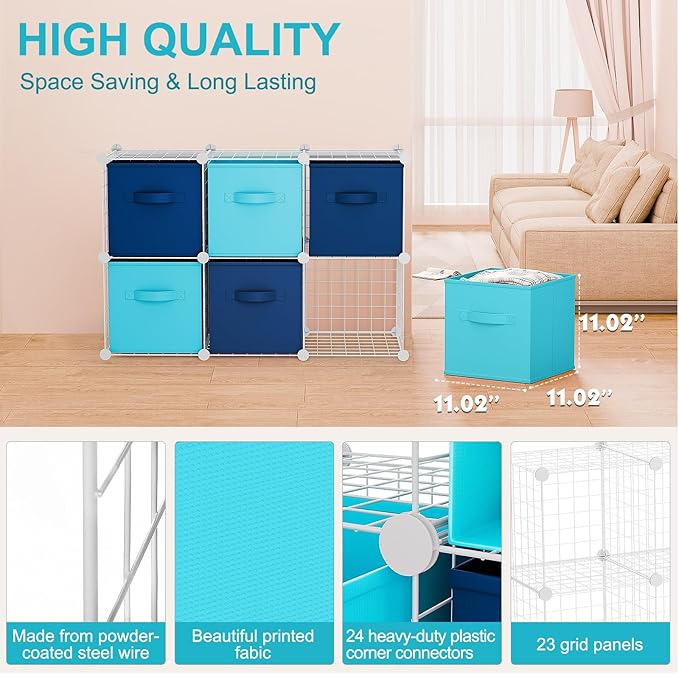 Leinuosen 6 Cube Storage Organizer with Fabric Bins, Wire Grid Stackable Shelves, Drawer Closet Organizer, Modular Storage Units for Bedroom Living Room Office Clothes Toys Crafts(White,Blue)