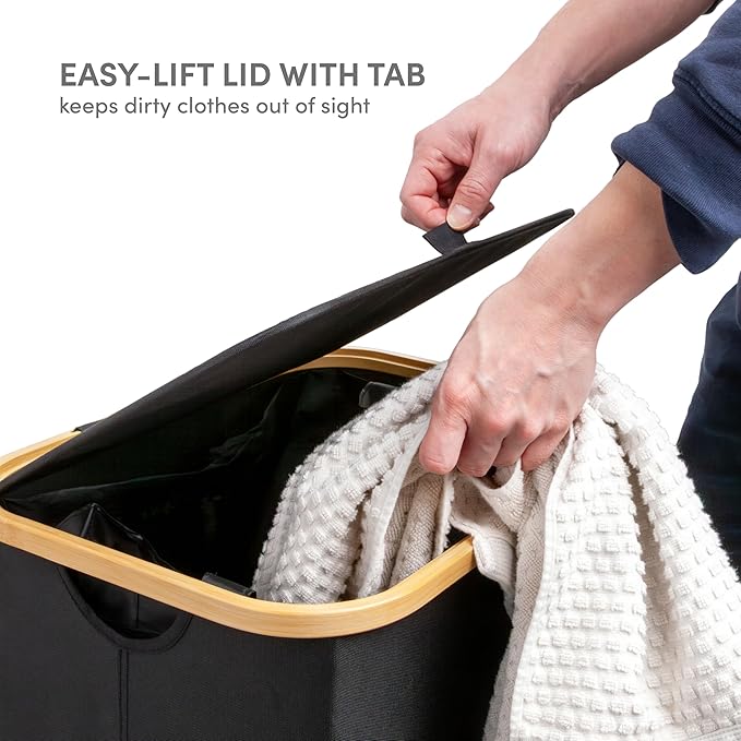 QUALIAZERO 87L Laundry Hamper with Lid – Single Section Bamboo Frame Hamper with Removable Inner Bag & Pull-Tab Cover, Slim Design for Bedroom, Bathroom, or Laundry Room (ONYX BLACK, SINGLE)