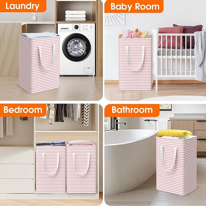 3 Pack Large Laundry Basket,Waterproof & Freestanding Laundry Hamper,Collapsible Clothes Hampers with Easy Carry Long & Reinforced Handles in Bathroom,College Dorm(88Lx3,Pink)