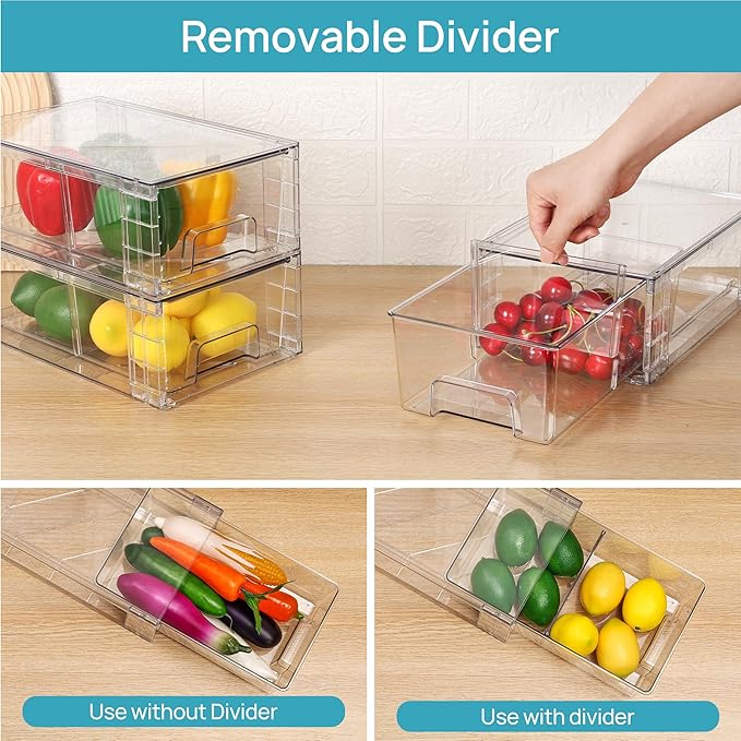 Vtopmart 10 Pack Stackable Storage Drawers,Clear Acrylic Drawer Organizers with Handles, Easily Assemble Containers for Fridge, Bathroom,Kitchen Undersink,Cabinet,Pantry Organization and Storage