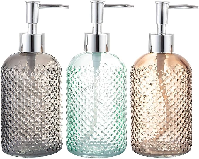 Cutiset 3 Pack Assorted Glass 15 Ounce Lotion Soap Dispenser Bottle with Pump for Bathroom, Kitchen