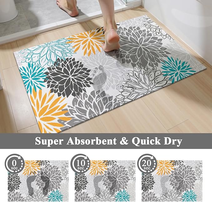 Vaukki Bathroom Rug Set 3 Piece, Non Slip Absorbent Rubber Backed Floral Bath Floor Mat Fit Under Door, Ultra Thin Quick Drying Bath Rug for Shower, Tub and Toilet, 17"x26"+17"x32"+17"x24"U, Grey