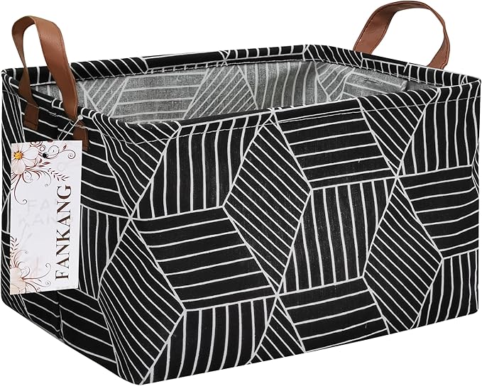 FANKANG Storage Basket,Nursery Hamper Canvas Laundry Basket Foldable with Waterproof PE Coating Storage, Office, Bedroom, Clothes,Toys (Rec-Black Cube)