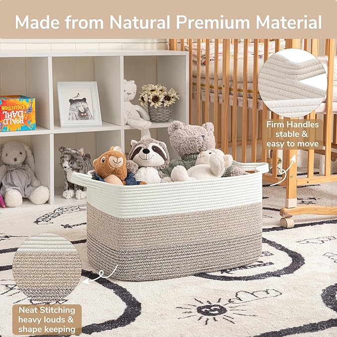 Goodpick Large Woven Storage Basket, 21.6" x 14.9" x 11.8" Rectangle Rope Baskets for Toy Storage, Blanket Basket for Living Room, Bedroom, Light Brown
