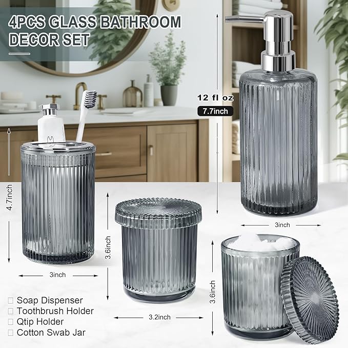 Gray Glass Bathroom Accessories 4 Pcs, Grey Bathroom Set, Soap Dispenser and Toothbrush Holder Set, Qtip Holder Set, Vintage Bathroom Sink Set, Modern Bathroom Decor