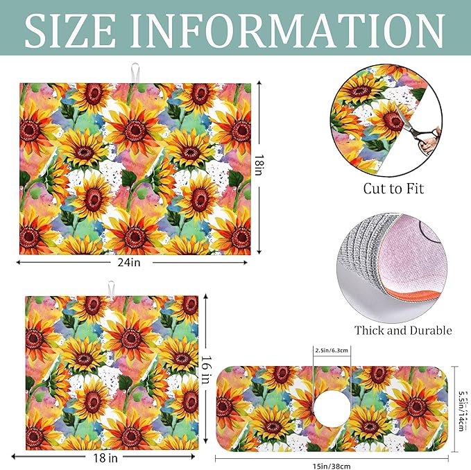 3Pcs Watercolor Sunflower Dish Drying Mat & Kitchen Sink Splash Guard Faucet Mat For Kitchen Counter Absorbent Microfiber Dishes Pad Dish Drainer Rack Mats Fast Dry Kitchen Accessories