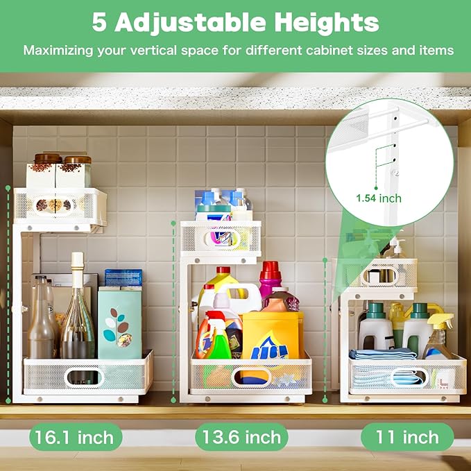 Under Sink Organizer, High Adjustable 2 Tier Under Sink Organizers and Storage, Slide Out Metal Cabinet Organizers, Pull Out Sink Storage Drawer Shelf for Kitchen Bathroom Cabinet, White, 2 Pack