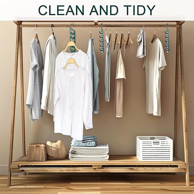15 Pack Space Saving Hanger Holders, Sturdy Plastic Clothes Hangers, Multiple Shirt Hanger, Vertical Closet Hangers with 5 Holes for College Dorm Room, Closet Organizers and Storage(Green)