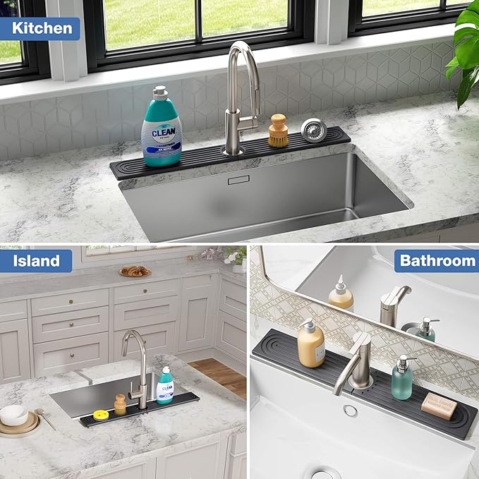 DK177 Faucet Mat for Kitchen Sink - Water Absorbing Stone Tray for Sink, Diatomite Fast-Drying Faucet Mat, Faucet Splash Guard for Bathroom Counter (Dark Gray, 30" x 4")