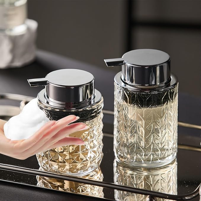 Foaming Soap Dispenser 2 Pack, Foam Hand Soap Dispenser for Bathroom Kitchen Liquid Refillable Clear Glass Bottles with Silver Pump(Diamond Pattern-Clear)