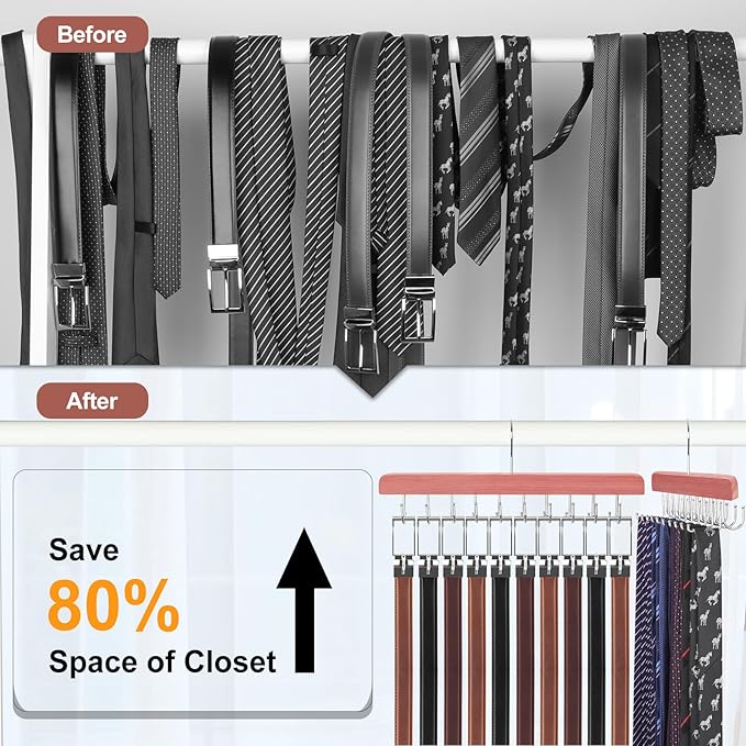 TOPIA HANGER Cedar 2 Pack 2 in 1 Belt Tie Hanger for Closet Max 60 Belts with 60 Ties Capacity, 20 Hooks Belt Tie Racks Hanger for Closet Organizer Storage Curved Fit Belt and Flat Fit Tie - CT60C