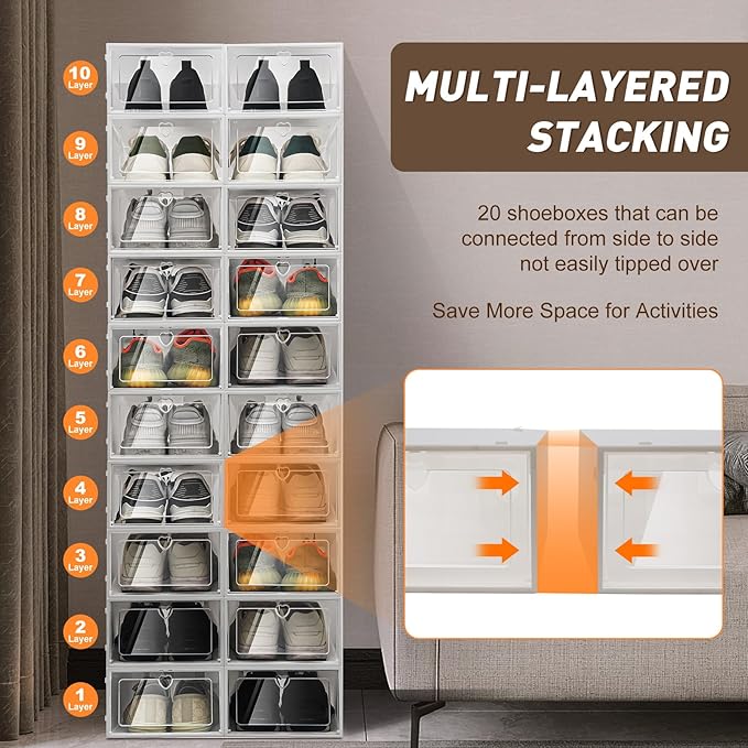 Bitodd 20Pcs Large Plastic Shoe Storage Boxes, Simple Modern Lightweight and Foldable Shoe Organizers, Easy to Access Shoe Horn for Store Flat Casual Footwear and Sneakers