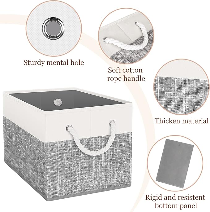 Storage Bin,Collapsible Storage Basket For Organizing,Large Storage Boxes With Rope Handles,Storage Containers,White & Grey,8 Pack