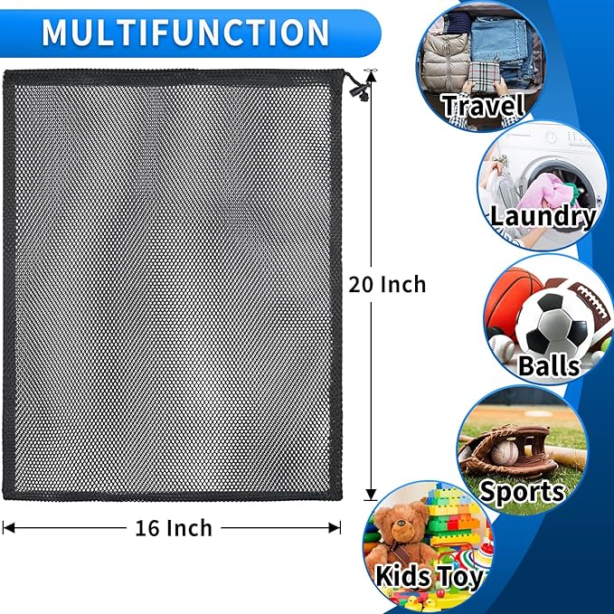 10 Pcs Mesh Drawstring Bag 16" x 20" with Cord Lock Closure, Durable Heavy Duty Nylon Mesh Bag for Travel Gym Laundry Swimming Soccer Ball Basketball Beach Toys Etc (Black)