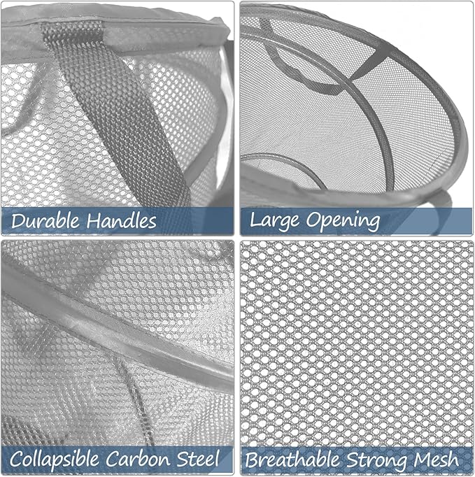 BATTOO Collapsible Laundry Baskets, Foldable Mesh Pop Up Hamper, Portable Laundry Basket Hamper with Handles for Laundry, Bathroom, Kids Room, College Dorm, Travel, Storage Organizer Grey