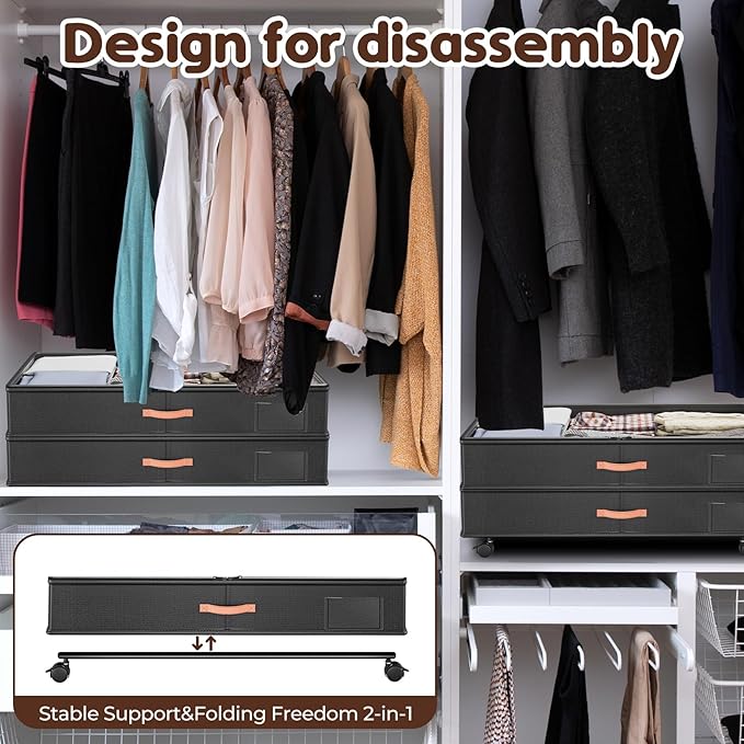 Under Bed Storage with Wheels 2-Pack, Under Bed Storage Containers 60L Clear Lids, Rolling Storage Drawers for Clothes Shoes Blankets, Underbed Organizer Bins(32" L x 17.3" W x 7.2" H)