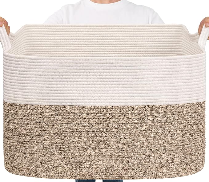 Goodpick Large Woven Blanket Basket 105L, 25"x16"x16" Cotton Rope Organizer for Toys, Dirty Clothes, Extra Large Rectangle Storage Basket for Living Room, Bedroom, White & Brown