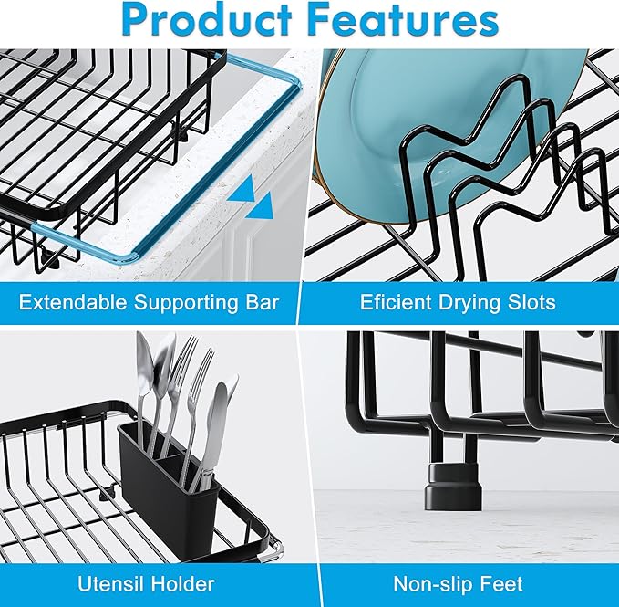 JASIWAY in Sink Dish Drying Rack, Expandable Stainless Steel Dish Drainers for Kitchen Sink, Over Sink Dish Drying Rack with Utensil Holder, 13.4''~16.9''D x 11.8''W, Black