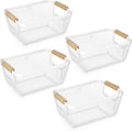 4 Pcs Metal Wire Basket with Wooden Handles Mesh Steel Storage Organizer Bin Containers for Home Organizing Cabinet Pantry Closet Kitchen Fridge Fruit Makeup Snacks Gifts(Small,Cream White)